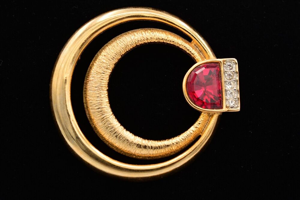 Craft Vintage Pin Brooch Red Rhinestone Crystal Gold Chunky Signed 1980s BinAT